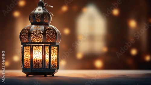Burning gold decorated lantern on blurred background with bokeh effect. Lantern as a symbol of Ramadan for Muslims, banner with space for your own content.