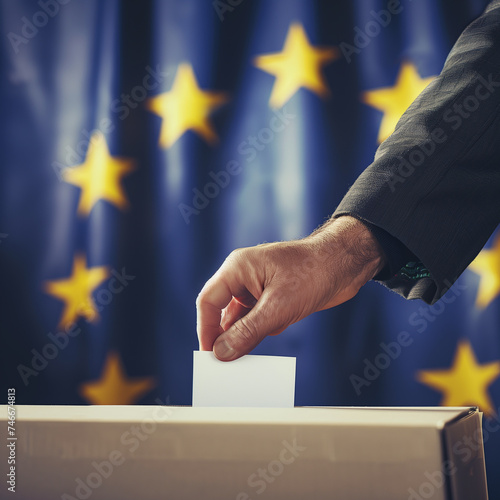 Man Casting Vote in Election Booth Next to European Union Flag in Vote Hall.