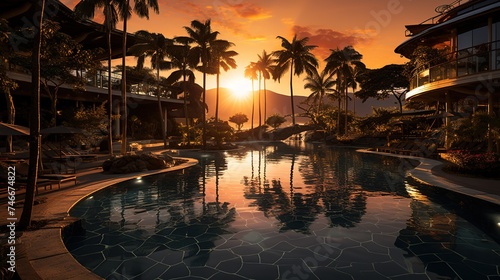 a view of a resort during sunset, in the style of sumatraism, white and bronze, exacting precision, abbott fuller graves, vfxfriday photo