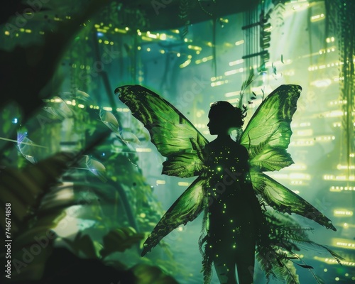 A sylph inside a cybernetic forest, where nature and machine are seamlessly integrated, highlighting the fusion of elemental spirits and technology