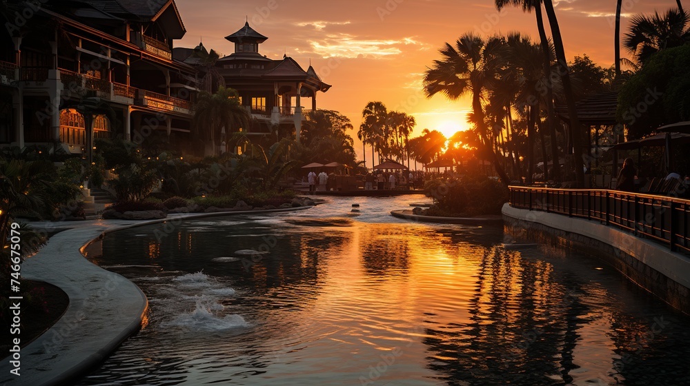 a view of a resort during sunset, in the style of sumatraism, white and bronze, exacting precision, abbott fuller graves, vfxfriday - obrazy, fototapety, plakaty 