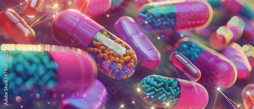 A visionary depiction of personalized medicine tailored to DNA, colorful pills and DNA strands in the background, hyper-realistic