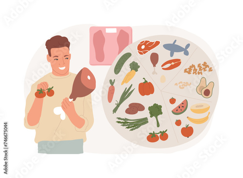 Paleo diet isolated concept vector illustration. Weight-loss diet, fresh vegetable salad, healthy organic food, uncooked fish, vegetarian plate, healthy lifestyle, vitamin vector concept.