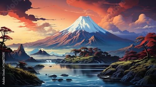 Fototapeta a view of an orange coloured volcano rising above mist, in the style of art, light yellow and azure, mesmerizing colorscapes, eye-catching, dau-al-set, light crimson and sky-blue