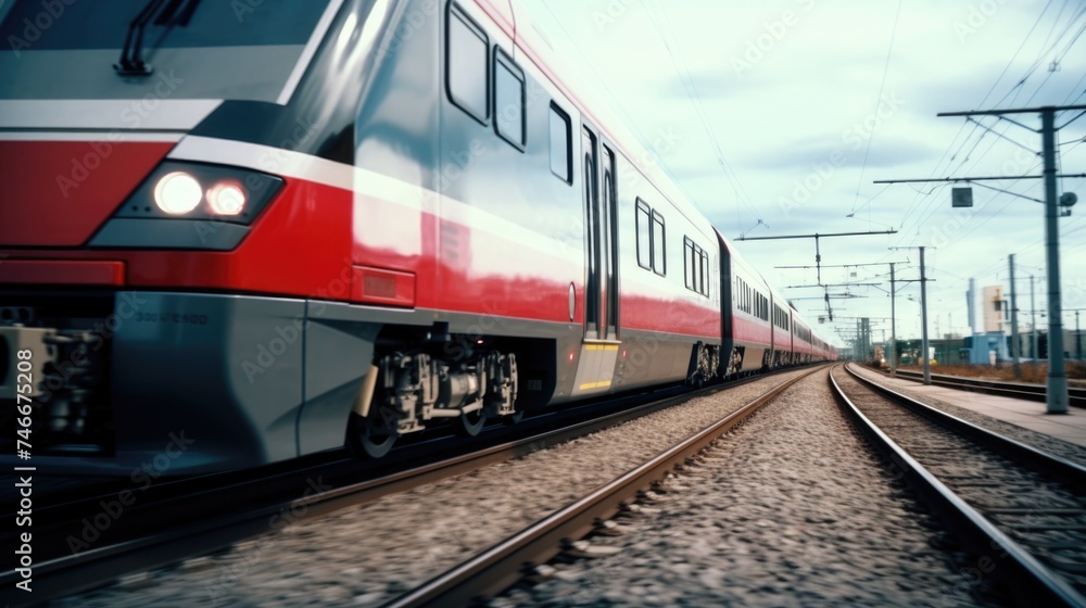 A red and gray train traveling down train tracks. Suitable for transportation themes