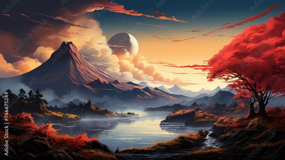 a view of an orange coloured volcano rising above mist, in the style of art, light yellow and azure, mesmerizing colorscapes, eye-catching, dau-al-set, light crimson and sky-blue - obrazy, fototapety, plakaty 