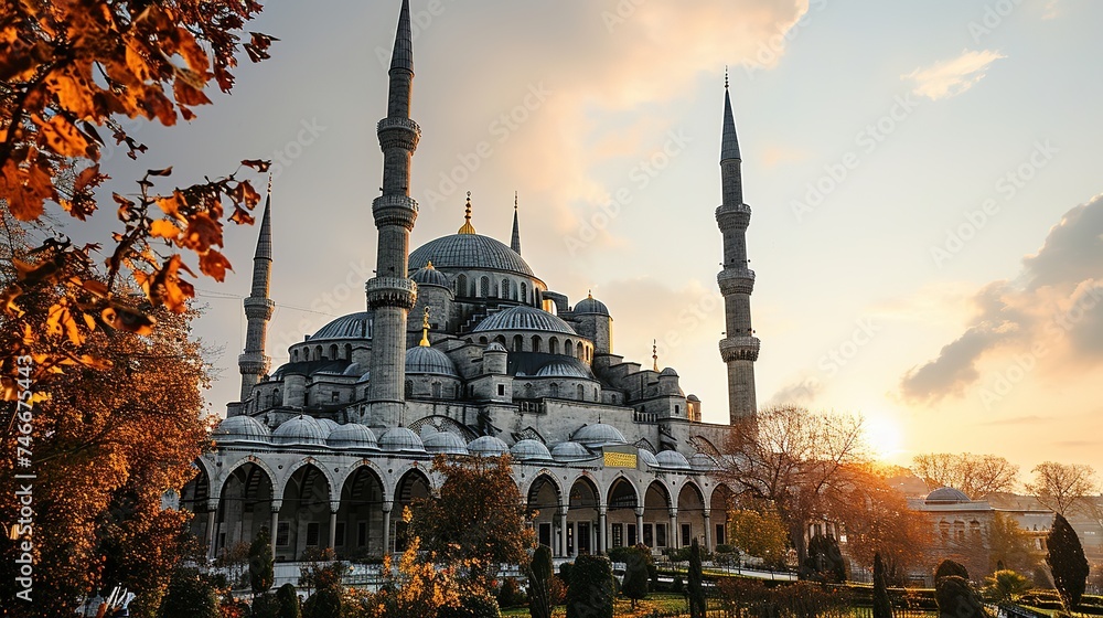 Fototapeta premium a view of the blue mosque, in the style of light black and purple, light green and orange, soft-edged, light sky-blue and white, sustainable architecture, gold leaf accents, historical significance