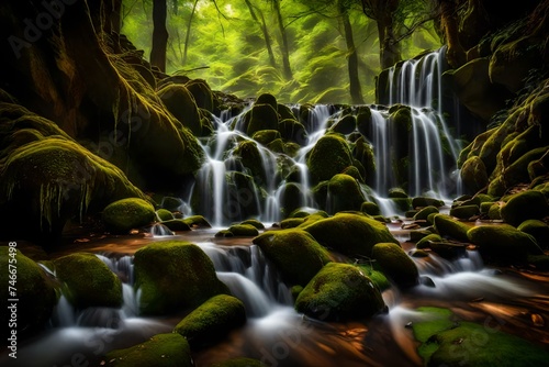 A hidden waterfall cascading down moss-covered rocks  surrounded by a magical aura of tranquility.