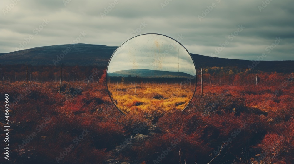 Landscape with a mysterious psychedelic mirror in the middle - obrazy, fototapety, plakaty 