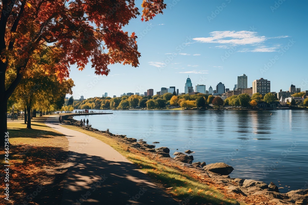 Fototapeta premium a view the park and minneapolis, in the style of sky-blue and green, calm waters, comics, urban landscape, impressive panoramas, afro-caribbean influence