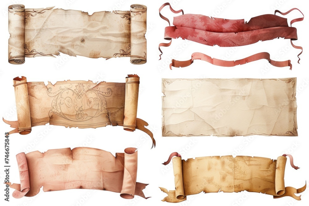 Vintage paper scrolls with elegant ribbons, perfect for historical or antique designs