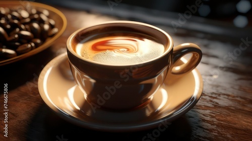 Cup of aromatic coffee on the wooden surface in a coffee shop  close-up  selective focus.