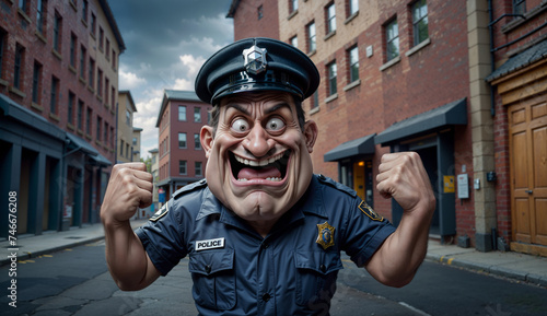 A Crazy Caricature Policeman Character Flexing Muscles Amidst City Buildings