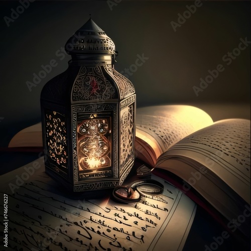 Burning in decorated gold lantern over a book of the Quran, dark background. Lantern as a symbol of Ramadan for Muslims.