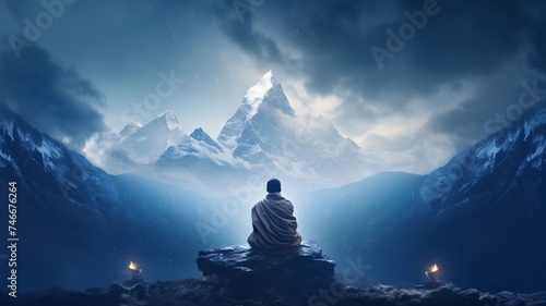 A man meditating on a mountaintop overlooking snow-covered mountains. Ramadan as a time of fasting and prayer for Muslims.