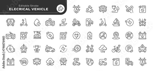 Set of line icons in linear style. Series - Electrical vehicle. Eco-friendly transport. Electric car, bus, e-bike, electric scooter, motorcycle, charging station and battery. Outline icon collection. 