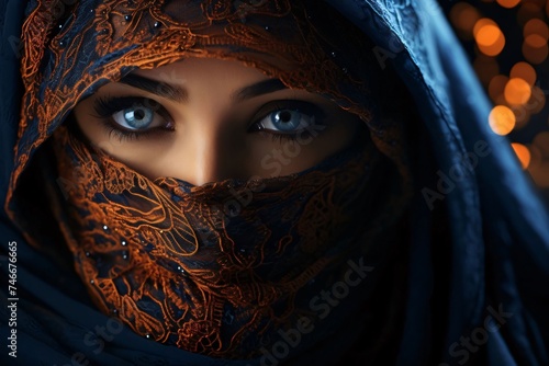 A close-up view of the face of a young woman wearing a blue decorated niqab Ramadan as a time of fasting and prayer for Muslims. photo