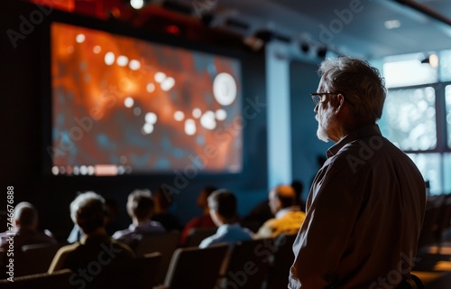 Forum event, speaker engaging with an attentive audience, large digital screen displaying the topic © Shutter2U