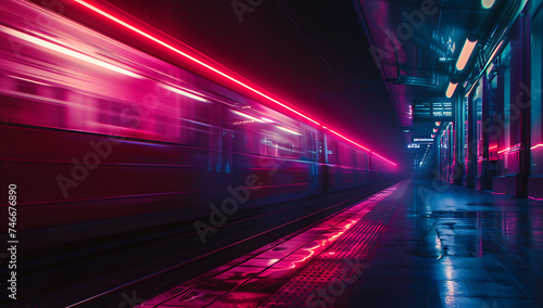 the blurred motion of light in a train station in the