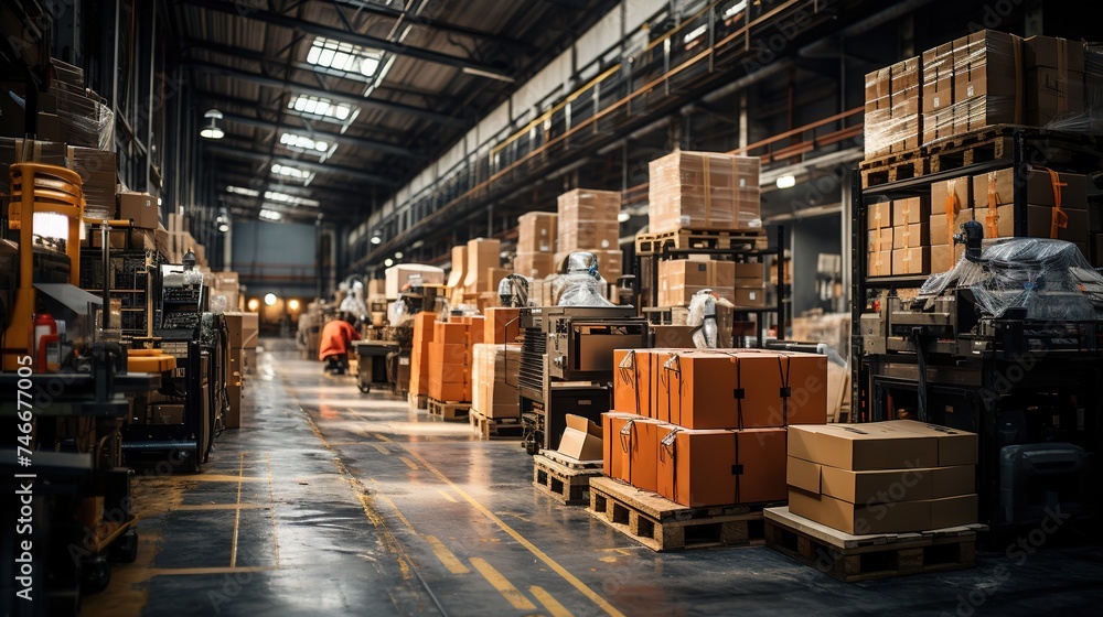 a warehouse with boxes standing in front of a large aisle way, in the style of commercial imagery, photorealistic, industrial machinery aesthetics,aesthetic, focus stacking, heistcore - obrazy, fototapety, plakaty 