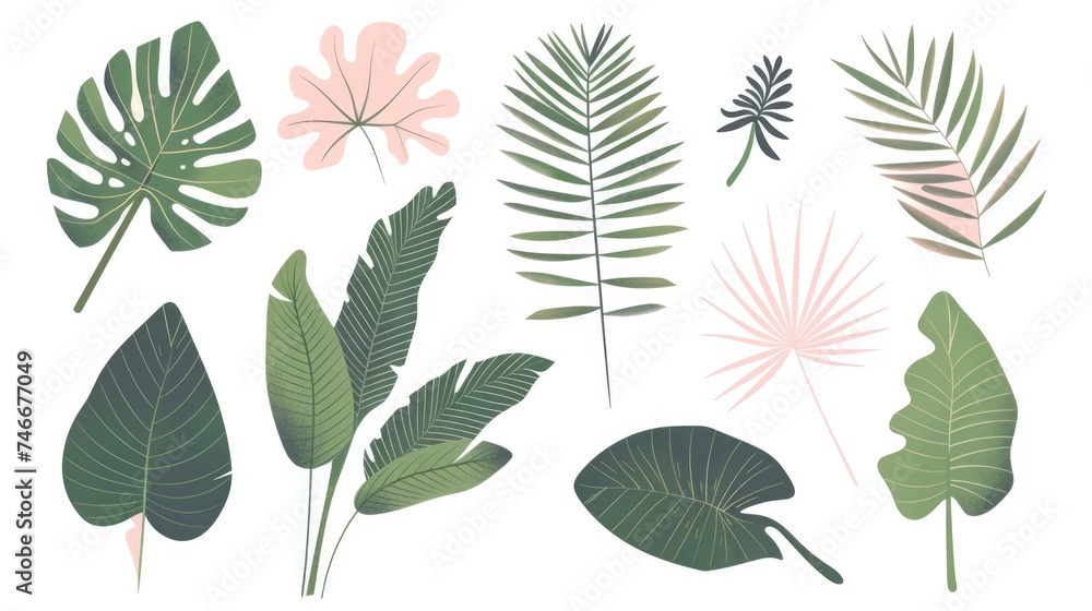 A collection of vibrant tropical leaves on a clean white background. Perfect for nature or summer-themed designs A collection of vibrant tropical leaves on a clean white background. Perfect for nature or summer-themed designs
