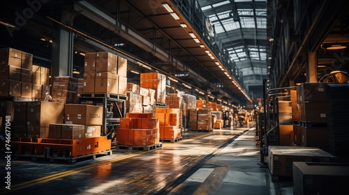 a warehouse with boxes standing in front of a large aisle way, in the style of commercial imagery, photorealistic, industrial machinery aesthetics,aesthetic, focus stacking, heistcore © Smilego