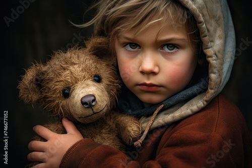sad child with a bear. childhood. poverty. offended child.