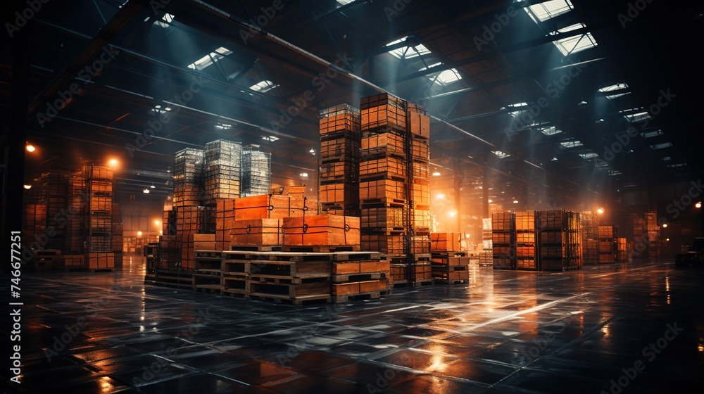 a warehouse with pallets and boxes, high quality photo, precisionism influence, transportcore, airy and light - obrazy, fototapety, plakaty 