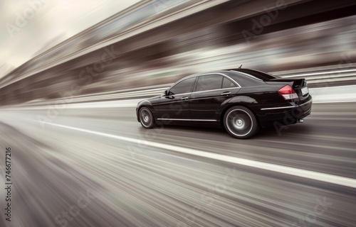 Luxury sedan moving at high speed on a highway  blurred lines on the road  focused and fast