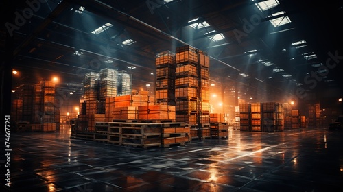 a warehouse with pallets and boxes, high quality photo, precisionism influence, transportcore, airy and light
