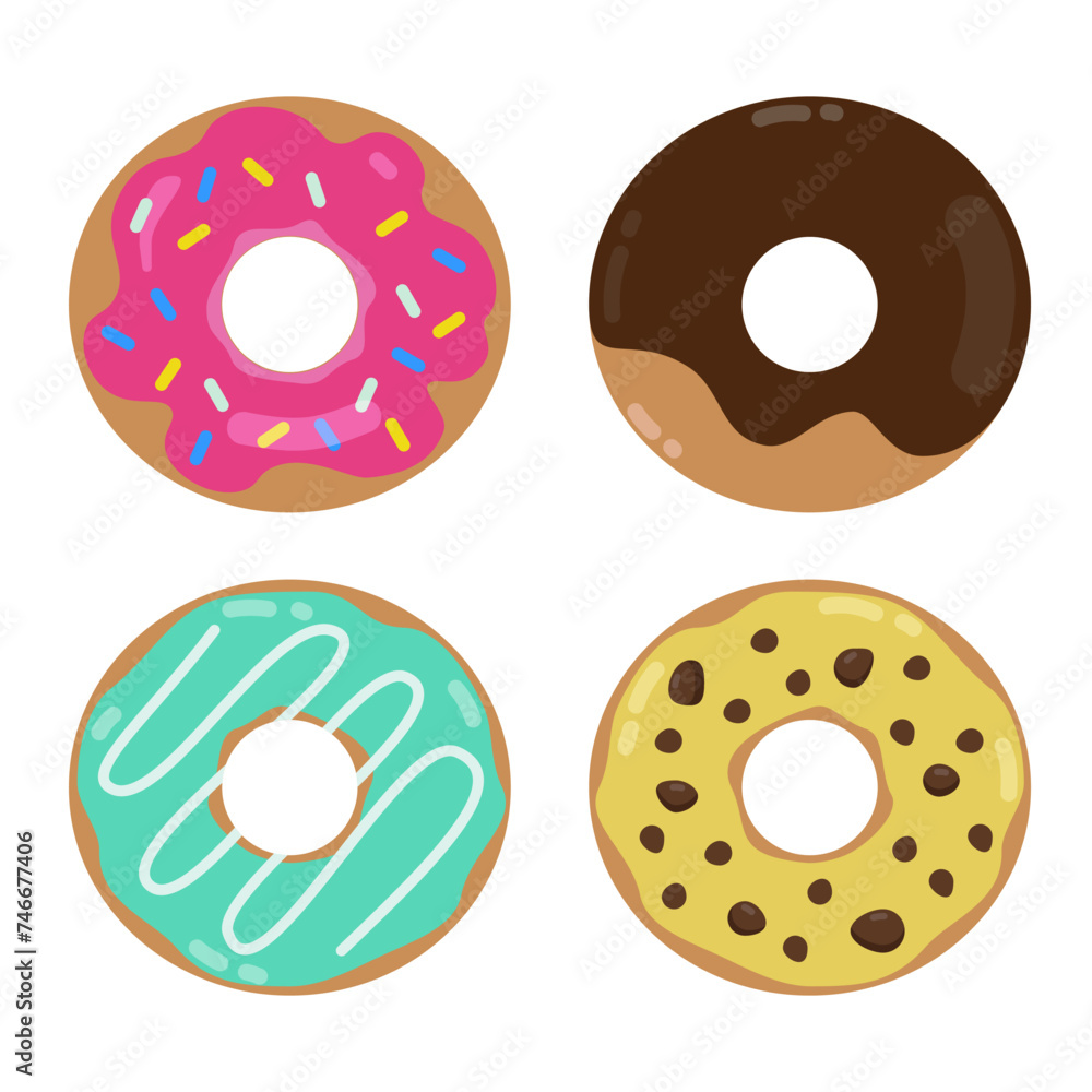 Fototapeta premium Set of glazed donuts. Sprinkle, strawberry, chocolate, mint, pistachio, banana flavor. Sweet food, pastry.