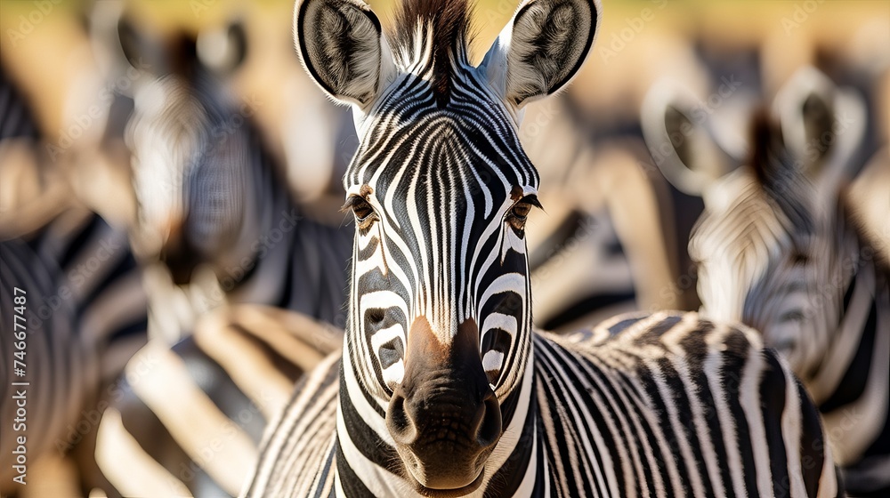 Close up from a zebra surrounded with  black and white stripes in his herd - obrazy, fototapety, plakaty 