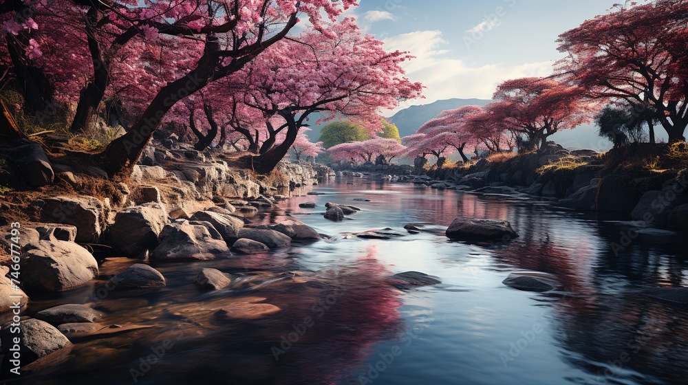 a waterfall flows down near mountains with pink blossoms, in the style of inspiration, press photo, eye-catching, sky-blue, poignant, ambitious