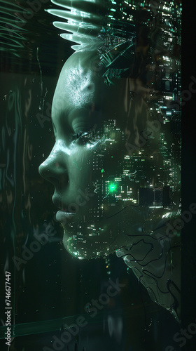 Futuristic Cyber Woman Face Emerged in Digital Matrix