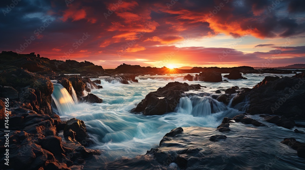 a waterfall in iceland at sunset, in the style of brightly colored, bucolic landscapes, pretty, eye-catching, expansive