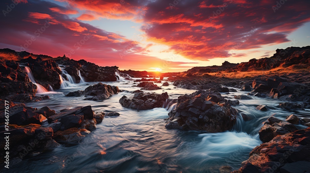 a waterfall in iceland at sunset, in the style of brightly colored, bucolic landscapes, pretty, eye-catching, expansive - obrazy, fototapety, plakaty 