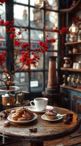 A table with a cup of coffee and pastries on it