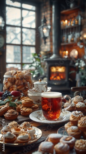A table filled with pastries and a cup of tea