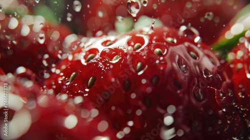 Close up of a ripe strawberry with glistening water droplets. Perfect for food and health-related designs