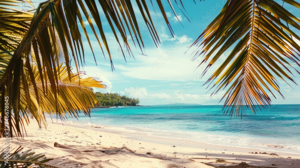 A serene beach scene with palm trees, perfect for travel brochures