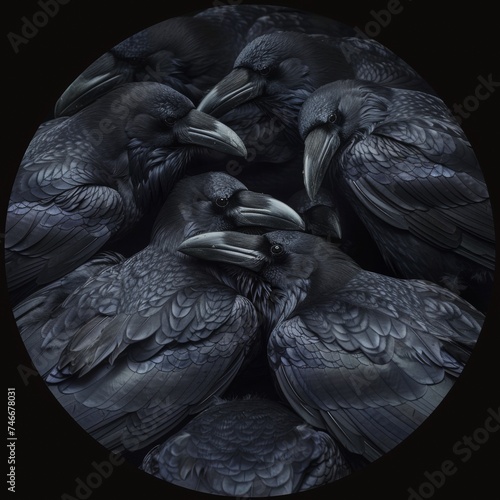 A group of black birds sitting on top of each other photo