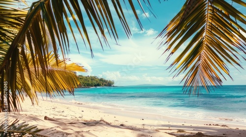 A serene beach scene with palm trees, perfect for travel brochures © Fotograf