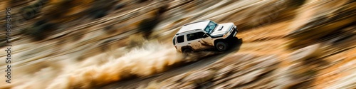 SUV tackling a steep off-road trail, fast and focused movement, blurred rocky landscape