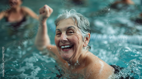 dame du troisième age faisant un séance d'aquagym dans une piscine chauffée, heureuse et souriante photo