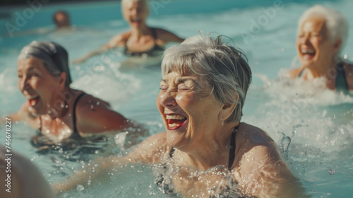 dame du troisième age faisant un séance d'aquagym dans une piscine chauffée, heureuse et souriante © Sébastien Jouve