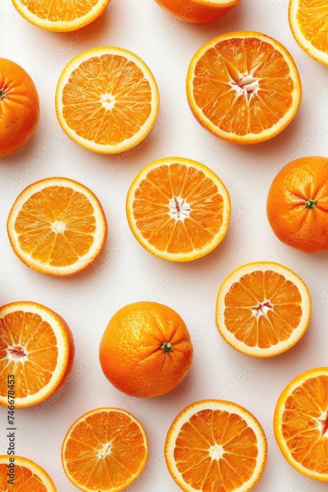 Fresh halved oranges on a clean white background, suitable for food and healthy lifestyle concepts Fresh halved oranges on a clean white background, suitable for food and healthy lifestyle concepts