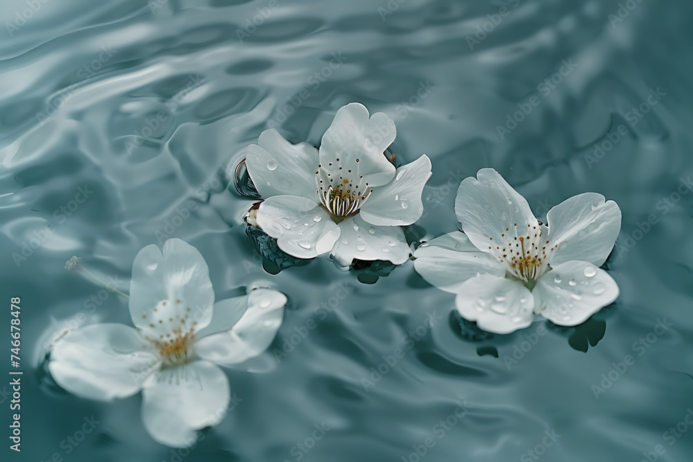 three white flowers floating on a river or lake in th