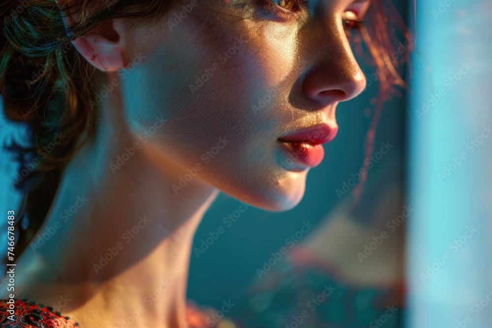 Close up of a woman's face reflecting in a mirror, perfect for beauty and skincare concepts Close up of a woman's face reflecting in a mirror, perfect for beauty and skincare concepts