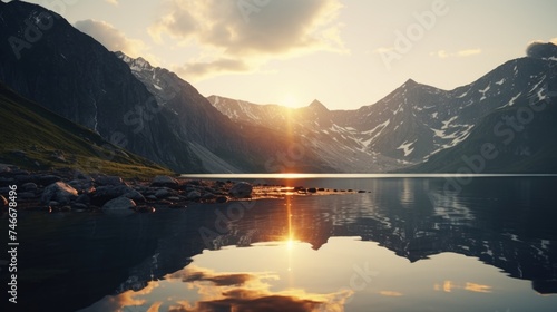 Scenic sunset view over a tranquil mountain lake. Suitable for nature and travel concepts