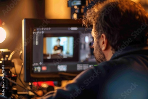 A man sitting in front of a computer monitor. Ideal for technology and business concepts